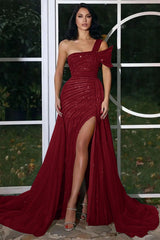 Vintage One Shoulder Mermaid Sequined Evening Dress with Long Ruffles