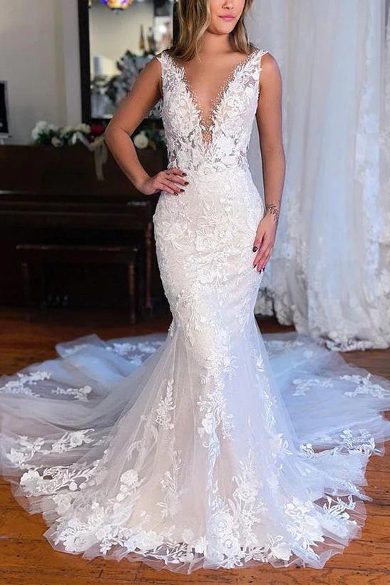 Vintage Tulle Wedding Dress with Appliques Lace Trumpet/Mermaid V Neck