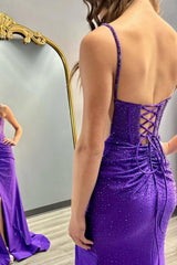 Violet Prom Dress Corset Spaghetti Straps Evening Dress with Slit