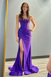 Violet Prom Dress Corset Spaghetti Straps Evening Dress with Slit