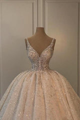 Wedding Dress A Line V Neck Sleeveless Princess Glitter Bridal Gown With Lace