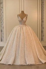 Wedding Dress A Line V Neck Sleeveless Princess Glitter Bridal Gown With Lace