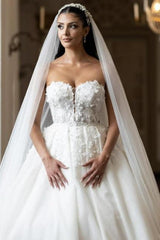 Wedding Dress A Line White Strapless Bridal Gown With Lace