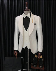 White 3 Piece Shawl Lapel Jacquard Wedding Suit for Men