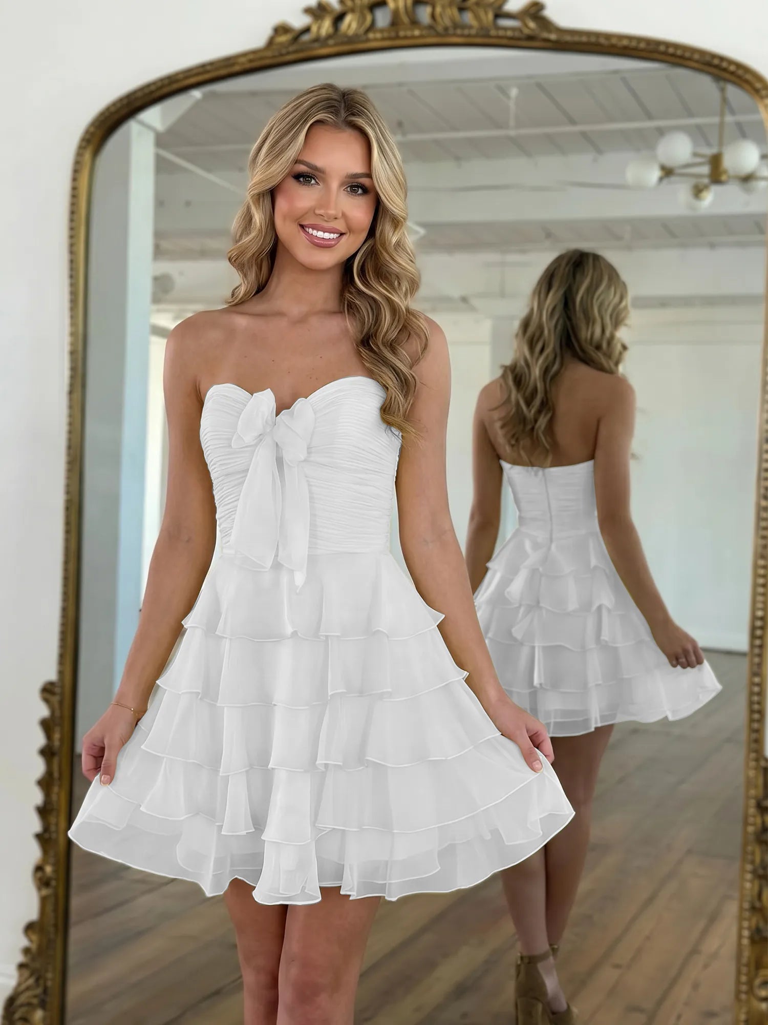 Chiffon A Line Tiered Short Homecoming Dress with Ruffles