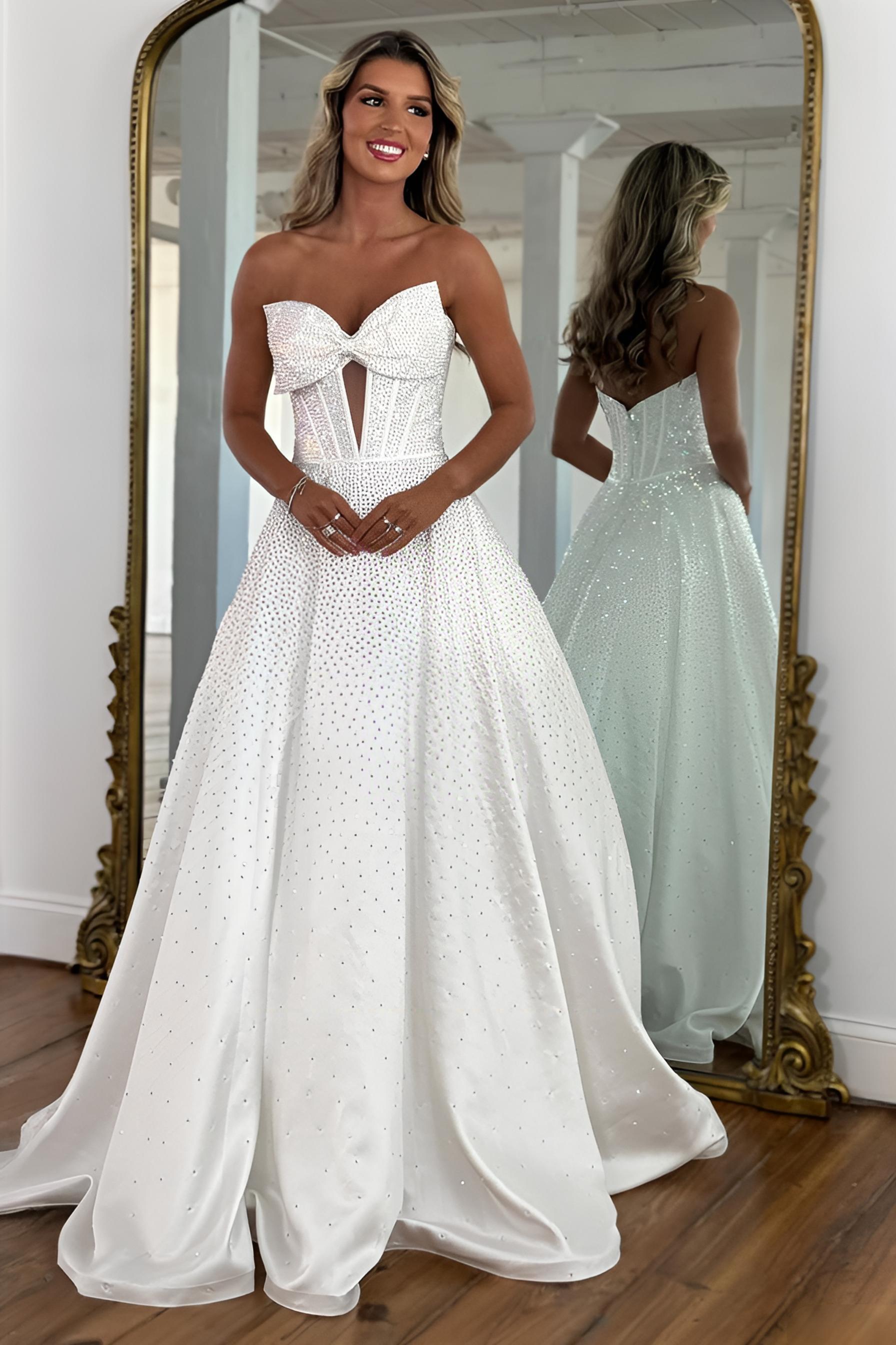 White Beaded Prom Dress With Structured Corset Bodice And Bow Front Formal Evening Gown