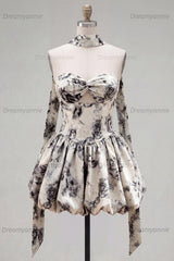 White & Black Floral Strapless Keyhole A-Line Short Homecoming Dress