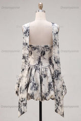 White & Black Floral Strapless Keyhole A-Line Short Homecoming Dress
