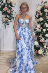 White Blue Prom Dress Flower Sweetheart Tiered A-Line Long Formal Dress