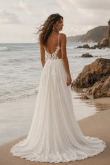 White Chiffon A Line Beach Wedding Dress with V Neck and Side Slit