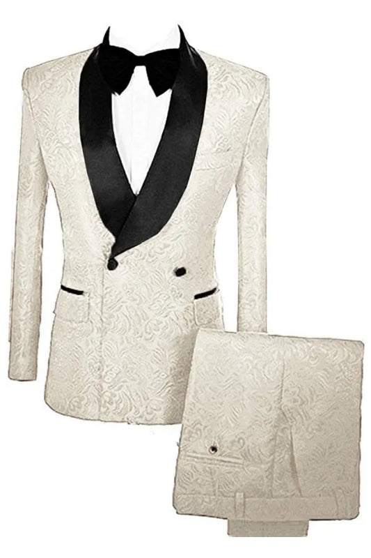 White Double Breasted Jacquard Wedding Suit with Velvet Lapel