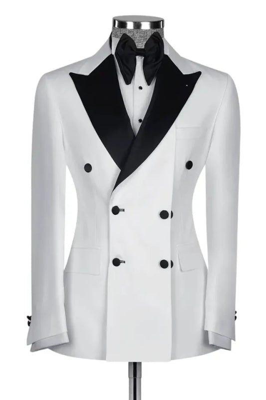 White Double Breasted Prom Suit with Black Peaked Lapel