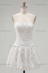 White Floral Strapless A-Line Short Homecoming Dress