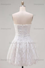 White Floral Strapless A-Line Short Homecoming Dress