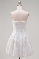 White Floral A Line Strapless Short Homecoming Dress
