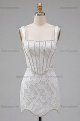 White Floral Square Neck Cut-Out Corset Tight Short Homecoming Dress