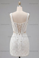 White Floral Square Neck Cut-Out Corset Tight Short Homecoming Dress