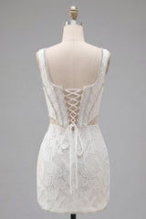 White Floral Corset Tight Square Neck Cut Out Short Homecoming Dress