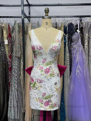 White Floral Embroidered Deep V-Neck Homecoming Dress with Oversized Bow Train