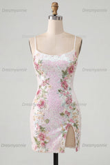 White Floral Sparkly Spaghetti Straps Tight Short Homecoming Dress with Slit