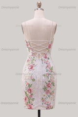 White Floral Sparkly Spaghetti Straps Tight Short Homecoming Dress with Slit