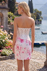 White & Fuchsia Floral Sweetheart Lace Corset Tight Short Homecoming Dress