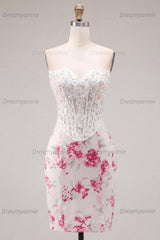 White & Fuchsia Floral Sweetheart Lace Corset Tight Short Homecoming Dress