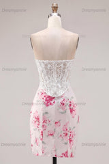 White & Fuchsia Floral Sweetheart Lace Corset Tight Short Homecoming Dress