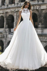 White High Neck Wedding Dress Tulle Lace A Line Bridal Dress