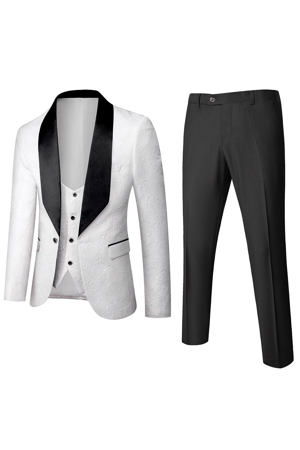 White Jacquard 3 Piece Shawl Lapel Men's Prom Suit Blazer Vest Pants