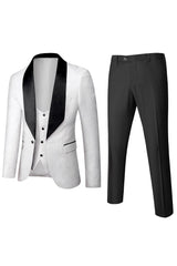 White Jacquard 3 Piece Shawl Lapel Men's Prom Suit Blazer Vest Pants