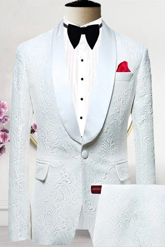 White Jacquard Shawl Lapel Wedding Suit for Men Newest