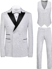 White Jacquard Three Piece Double Breasted Prom Suit