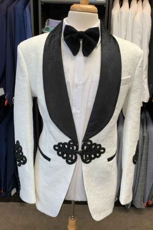 White Jacquard Wedding Suit with Black Shawl Lapel