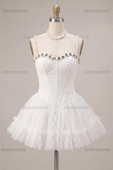 White Lace A-Line Corset Short Homecoming Dress with 3D Flowers