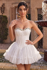 White Lace A-Line Corset Short Homecoming Dress with 3D Flowers