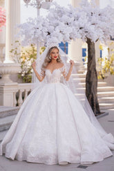 White Lace Ball Gown Wedding Dress with Long Sleeves and Illusion Neckline