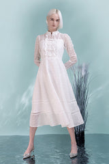 White Lace Midi A Line Long Sleeve Causal Dress
