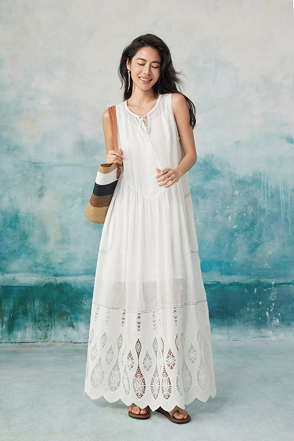 White Lace Sleeveless Boho Maxi Summer Holiday Dress