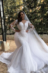 White Long Sleeves Plus Size Mermaid Belt Wedding Dress