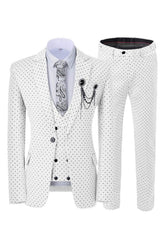 White Notched Lapel 3 Piece Prom Suit with Black Dot