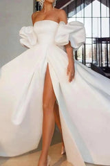 White Off The Shoulder Bubble Sleeves Long Evening Dress with Slit
