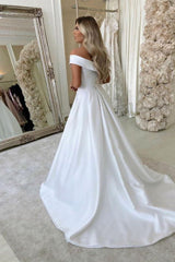 White Off The Shoulder Wedding Dress A Line Satin Bridal Dress