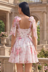 White & Pink Floral A-Line Short Homecoming Dress with Bows