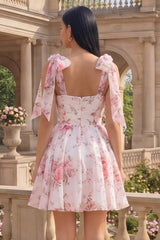 White Pink Flower A Line Short Homecoming Dress with Bows