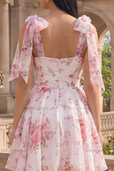 White & Pink Floral A-Line Short Homecoming Dress with Bows
