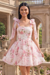 White Pink Flower A Line Short Homecoming Dress with Bows