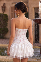 White Pink Flower Strapless Corset Short Homecoming Dress with Ruffles