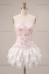 White Pink Flower Strapless Corset Short Homecoming Dress with Ruffles