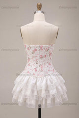 White Pink Flower Strapless Corset Short Homecoming Dress with Ruffles